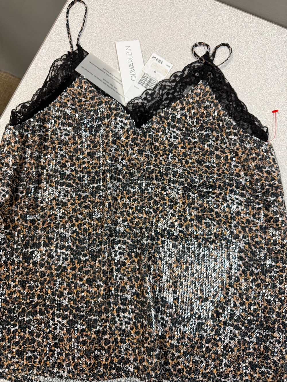 Olivia Rubin Leopard Sequin Lace Trim Camisole Top Gold Black NWT Size 6